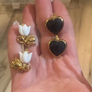 Gold and Blue Heart Clip On Earrings with White Floral Accents